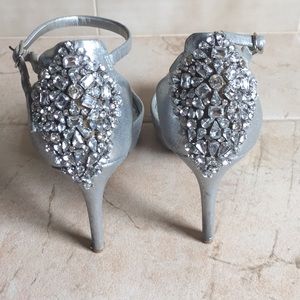 Audrey Brooke Silver Rhinestone Ankle Strap Heels